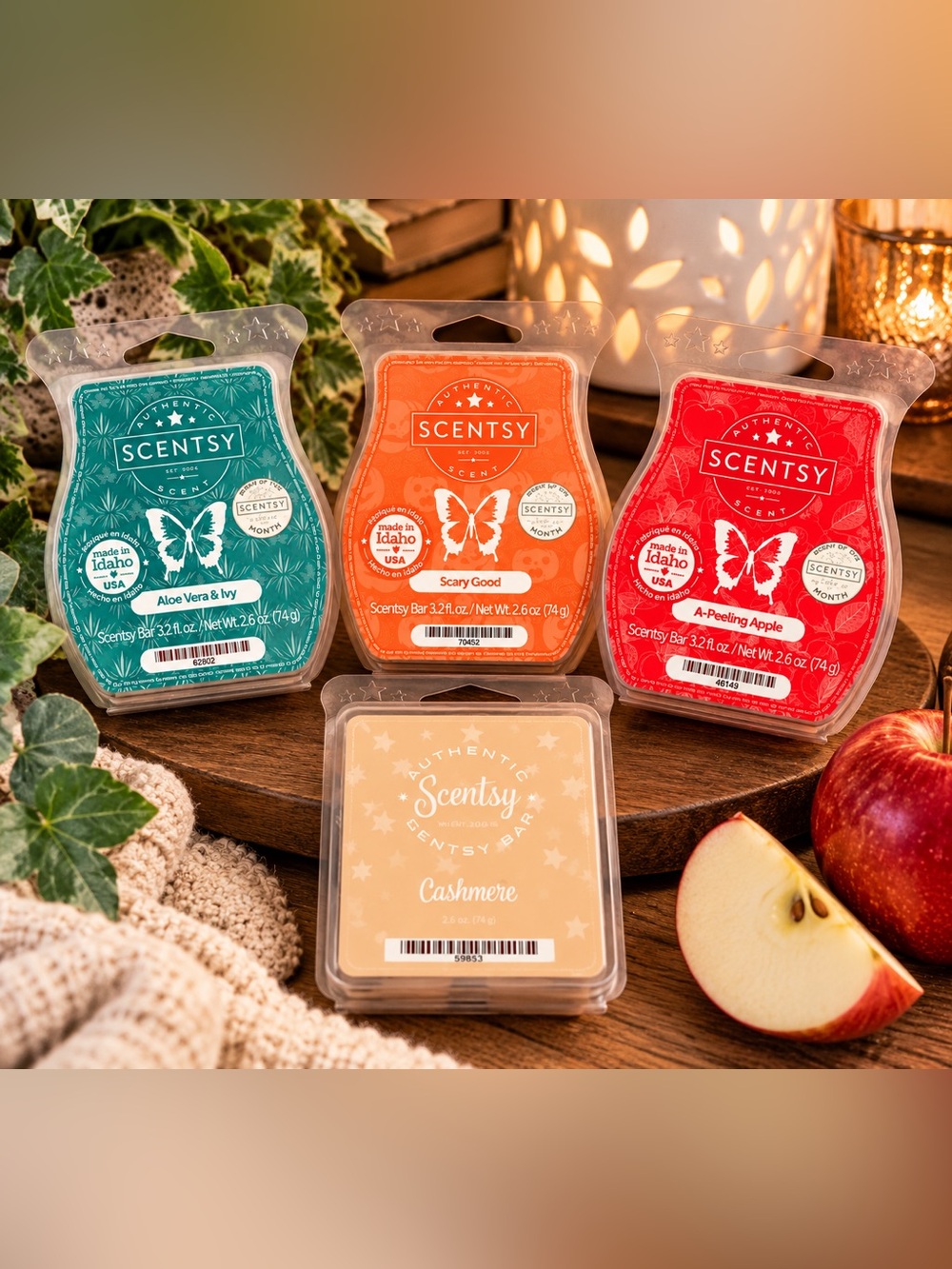 Scentsy Wax Bars Lot 4 A-Peeling Apple Scary Good Cashmere Aloe Vera Ivy New